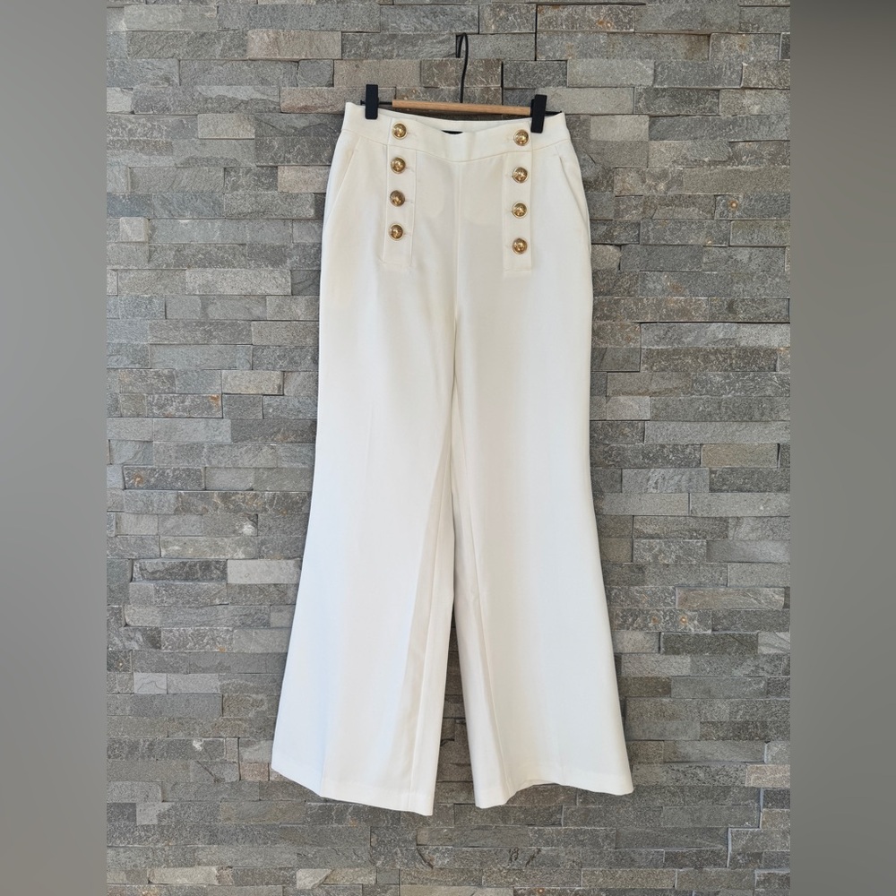 High Waist White Wide Leg Sailor Dress Pants Brass Buttons XS - Picture 10 of 16